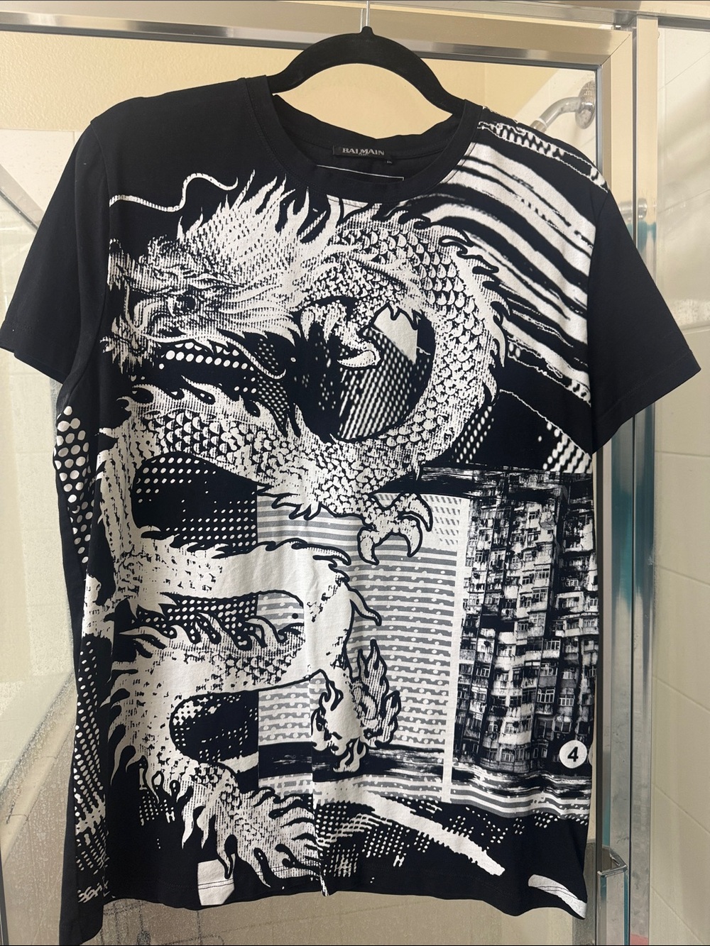 Balmain Black and White Dragon Print Short Sleeve Tee
